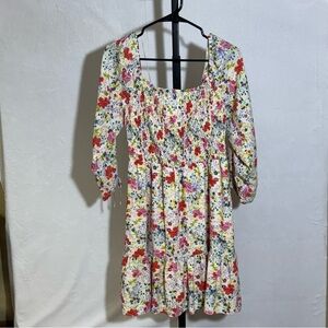 LC Lauren Conrad White Floral Smocked Top with Multicolor Print